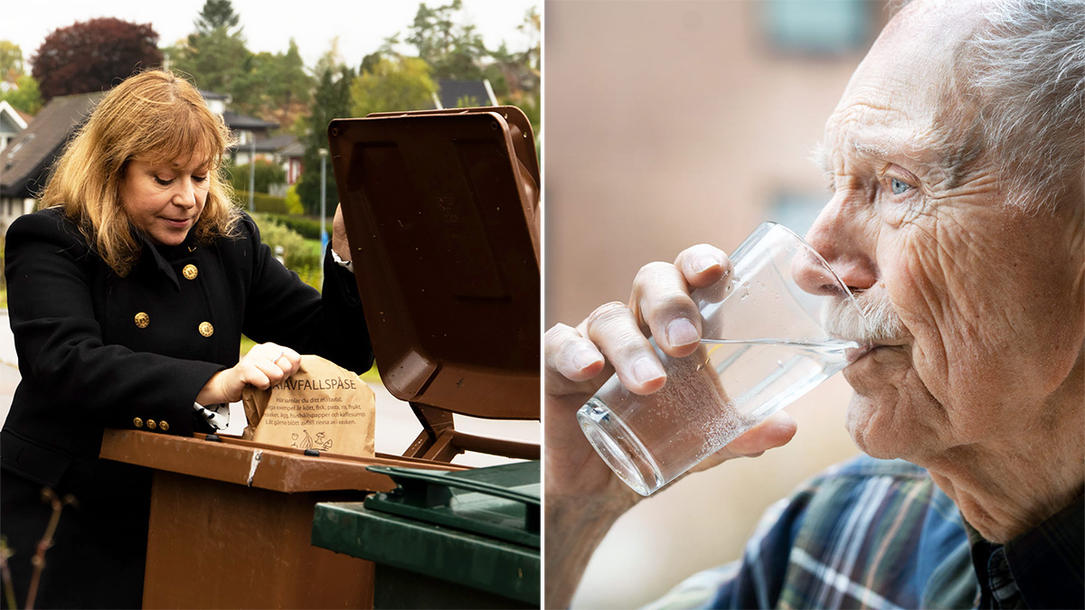 Tvådelad bild. Till vänster en kvinna som lägger matavfallspåse i en soptunna. Till höger en man dricker vatten ur ett glas. 